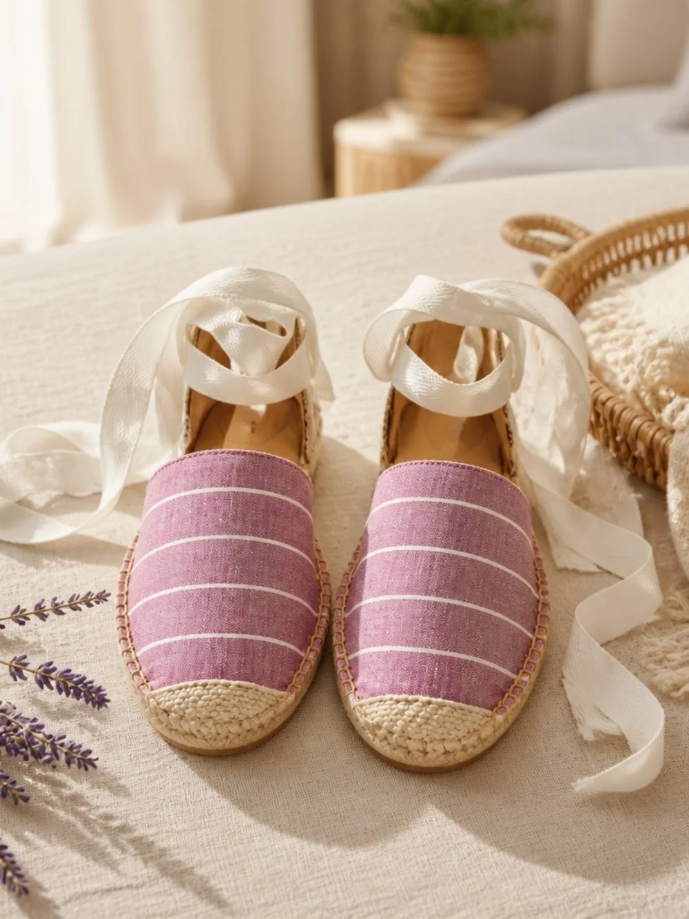 Talbots Lavender Striped Espadrille Sandals with White Ankle Tie Size 8 - Picture 4 of 13